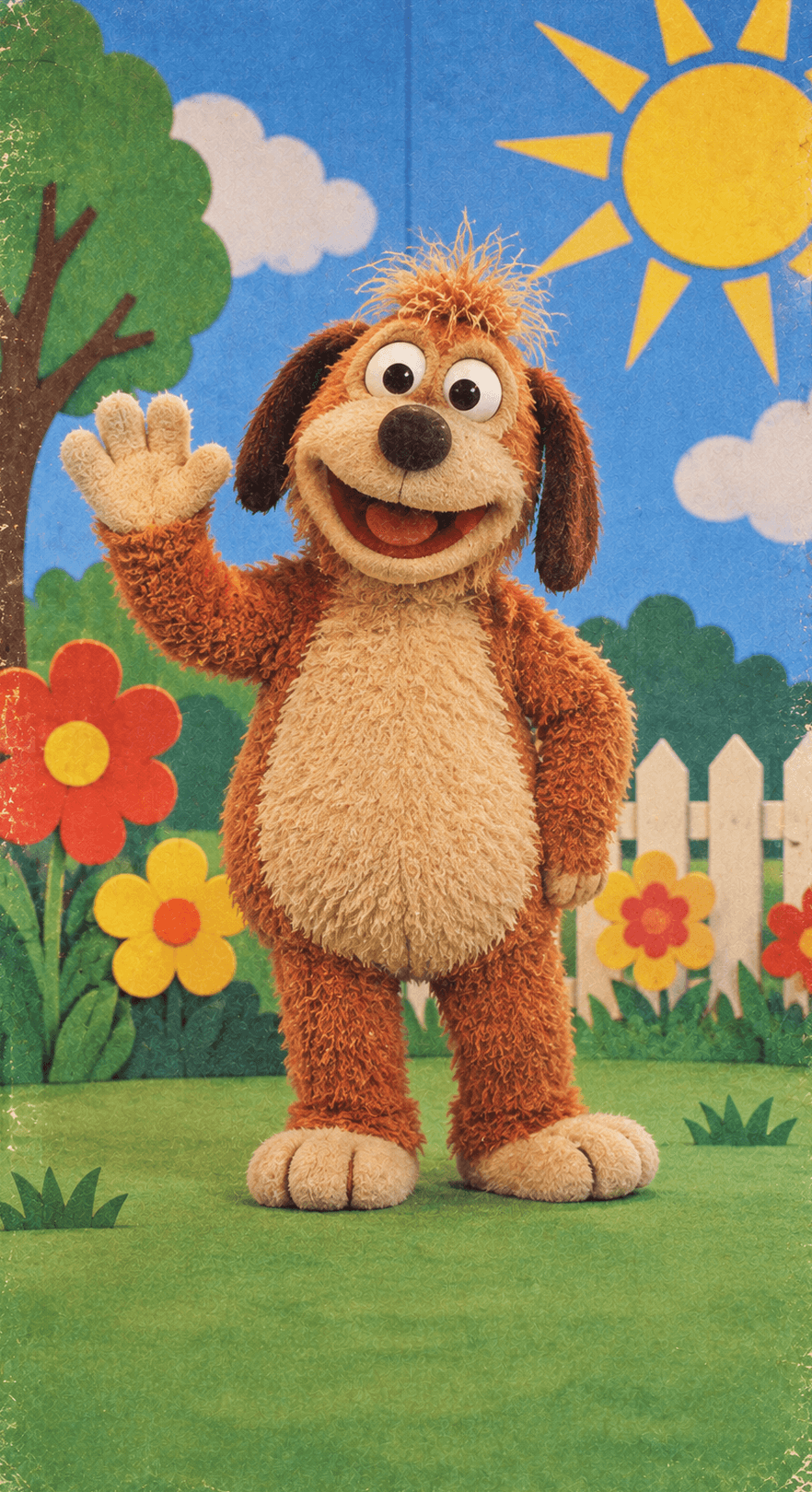 A smiling dog puppet waving in front of a children's-television set.