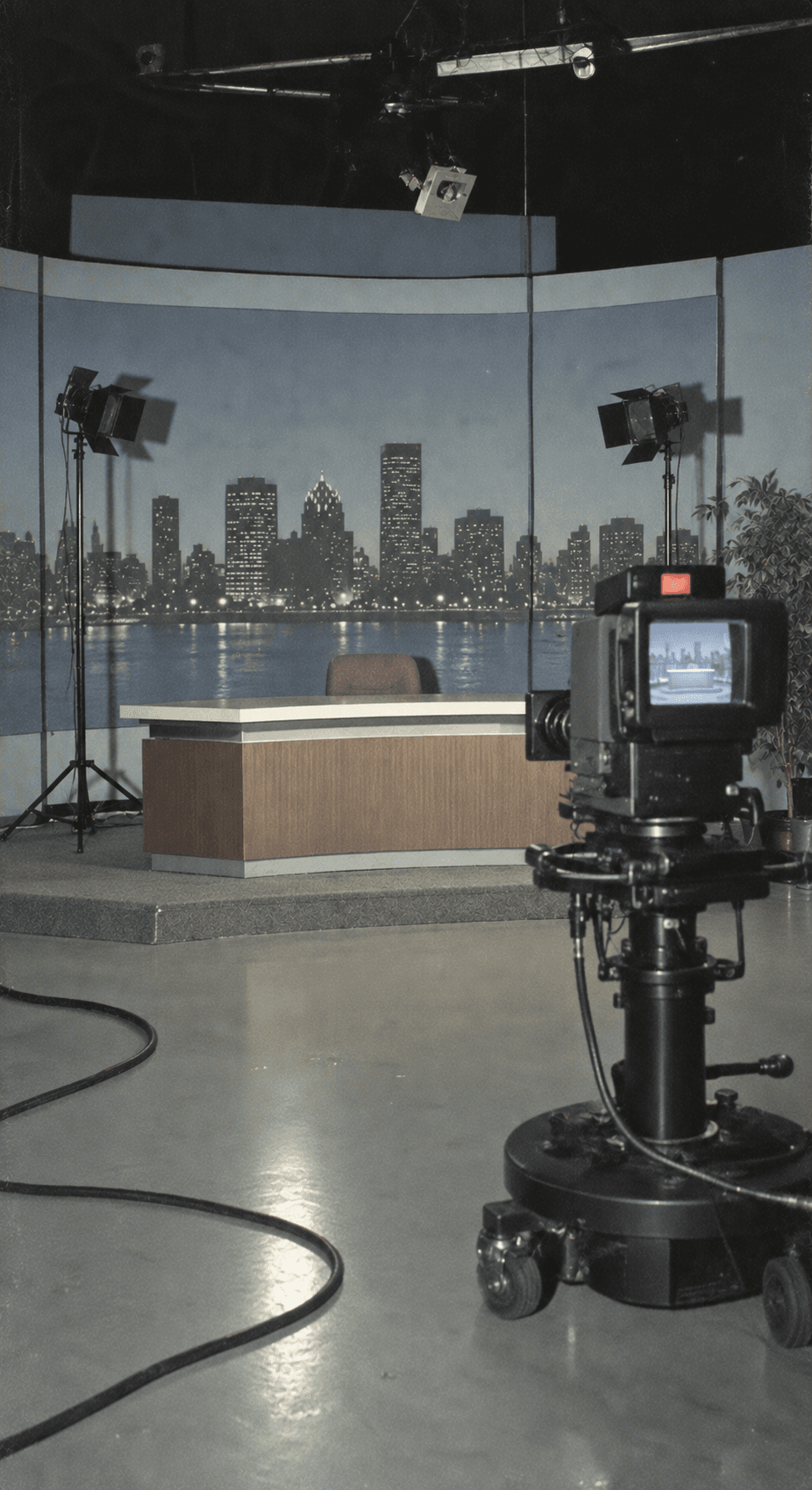 A television test card on a set in an otherwise empty room.